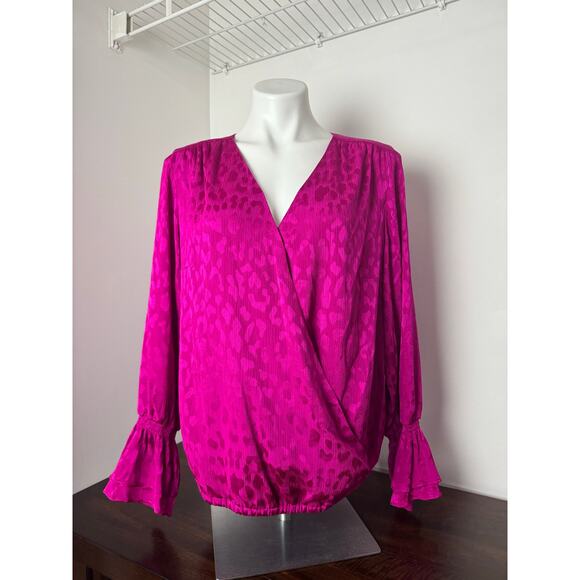 INC Fuchsia Leopard Print Wrap Long sleeve Blouse Ruffle Sleeve 1X - Picture 3 of 9